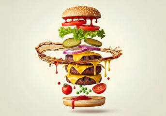 A professional, high-key, commercial food photograph of a towering gourmet cheeseburger, captured as an impossible or deconstructed food stunt with all ingredients floating in mid-air