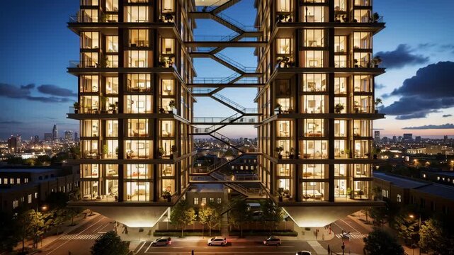 Luxury high-rise apartment building offers stunning city views with illuminated skywalks creating a vibrant modern urban living experience at twilight