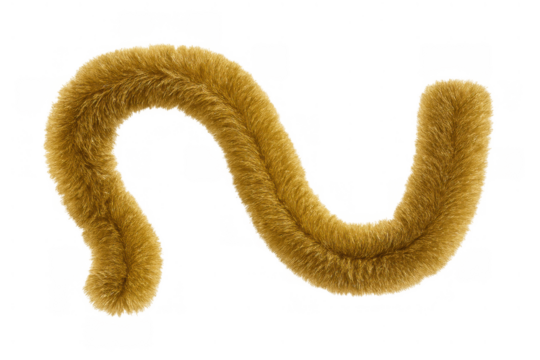 Wavy animal tail with golden brown fur, curly fox or cat-like fluffy appendage, isolated on transparent background