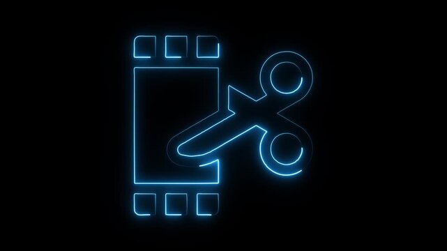 Neon blue scissors cutting a perforated ticket or coupon glowing on black background abstract symbol motion graphic