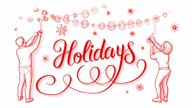 Couple decorating for the holidays with festive garland and snowflakes in a whimsical red line art style - Powered by Adobe