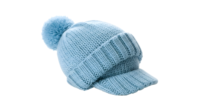 Light blue knitted hat with visor isolated on transparent background , ai generated image