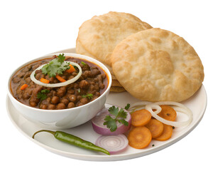 chole bhature, two puffed bhature beside a bowl of dark spicy chickpea curry, pickled carrots, onion rings, green chili,
