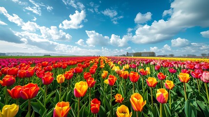 Fototapeta premium Vast Field of Colorful Tulips Under a Blue Sky with Clouds