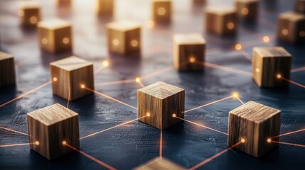 Connected wooden cubes with illuminated node points on a dark textured surface