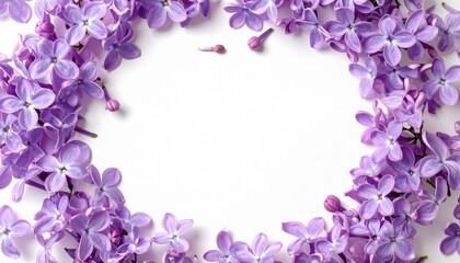 Obraz premium Vibrant Purple Lilac Floral Frame with Center Copy Space on High-Key White Background