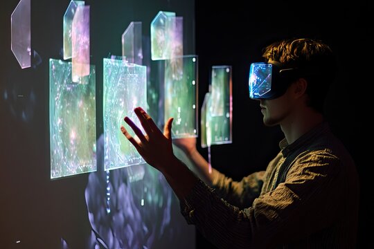 Digital technology of the future — a person using floating holographic displays