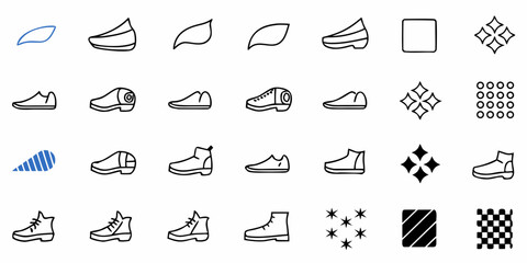 Various footwear styles and patterns displayed in a grid format illustration line drawing style