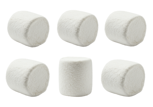 Six individual fluffy white marshmallows, perfectly cylindrical with powdery dusting, against a pristine transparent studio background with negative space for text. Concept of sweet confectionery