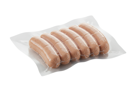 Eight plump, raw frankfurter sausages, pinkish-beige, vacuum-packed in clear plastic on a transparent background with copy space and soft shadow. Concept for commercial food advertisement