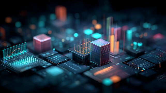 A holographic city of analytics modules representing a business intelligence platform where data drives decisions and measurable growth.
