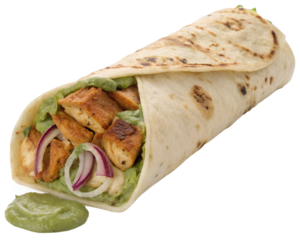 Kolkata kathi roll, flaky paratha wrapped around chicken tikka, onions, green chutney, 