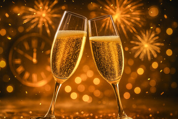  AI-Generated image of two elegant champagne flutes clinking together in a festive toast.