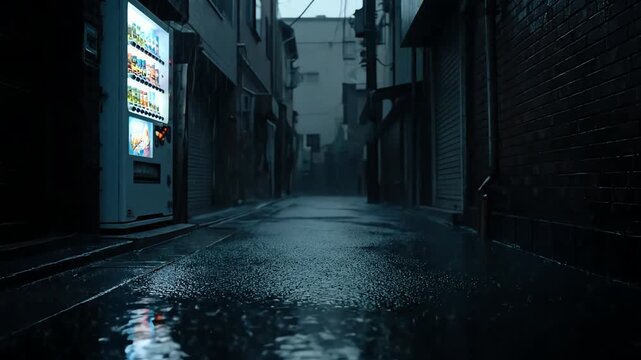Rainy Alleyway with Vending Machine in Urban Cityscape