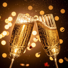  AI-Generated image of two elegant champagne flutes clinking together in a festive toast