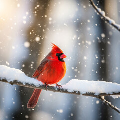  AI-Generated image of a bright red Northern Cardinal perched on a snow-covered branch.