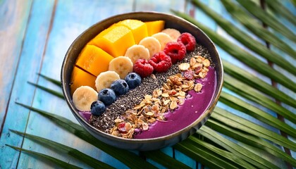 colorful acai bowl topped with fresh fruit granola and chia seeds on a tropical background