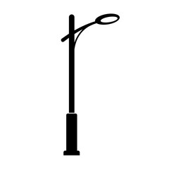 A simple black silhouette of a modern street lamp with a curved arm and a single light fixture against a clean white background