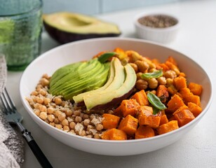 healthy grain bowl with roasted chickpeas sweet potatoes and avocado served in a bright kitchen