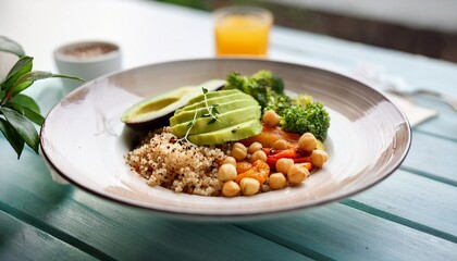 healthy quinoa bowl with roasted vegetables avocado and chickpeas at a bright cafe during lunchtime