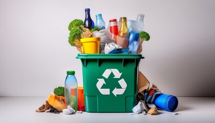 colorful recycling bin surrounded by various recyclable materials on a light background