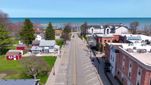 Lexington State Harbor aerial view at the end of Huron Avenue in village center of Lexington, Sanilac County, Michigan MI, USA.  