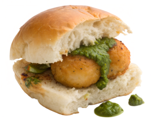 vada pav, deep-fried potato vada with green chutney and dry garlic chutney sandwiched in soft ladi pav,