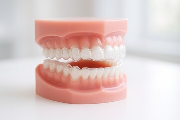 Obraz premium Clear dental aligners on a model mouth, teeth straightening clear retainers for orthodontic treatment, cosmetic dentistry