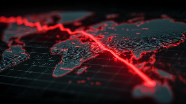 Global map with a descending line illustrating worldwide recession risk, supply chain stress and synchronized markets.