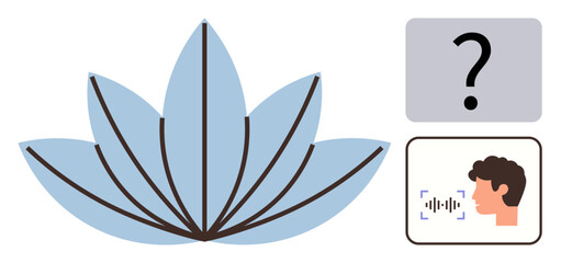 Blue lotus flower symbolizing serenity, paired with a persons voice recognition interface and a large question mark for mystery. Ideal for mindfulness, digital identity, AI, self-discovery