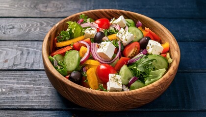 fresh garden salad with colorful vegetables and feta cheese served in a wooden bowl
