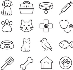 Vector monochrome line icon set about pet and veterinary