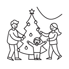 Family Decorating Tree With Garland Together Silhouette