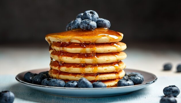 delicious stack of fluffy pancakes drizzled with golden syrup and topped with fresh juicy blueberries a perfect breakfast treat - Powered by Adobe