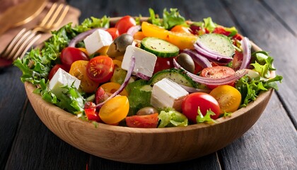 fresh garden salad with colorful vegetables and cheese served in a wooden bowl