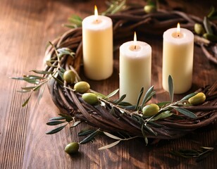 natural branches wreath with candles and olive