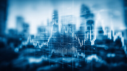 City skyline blended with financial charts to portray urban economy, investment trends and corporate performance.
