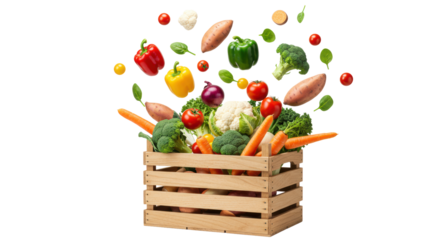 Freshly harvested organic vegetables bursting from a rustic wooden crate, suspended mid-air against a transparent background with studio lighting, concept of natural vitality