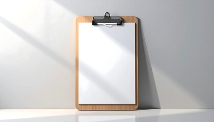 Clipboard with blank paper leaning against a white wall.
