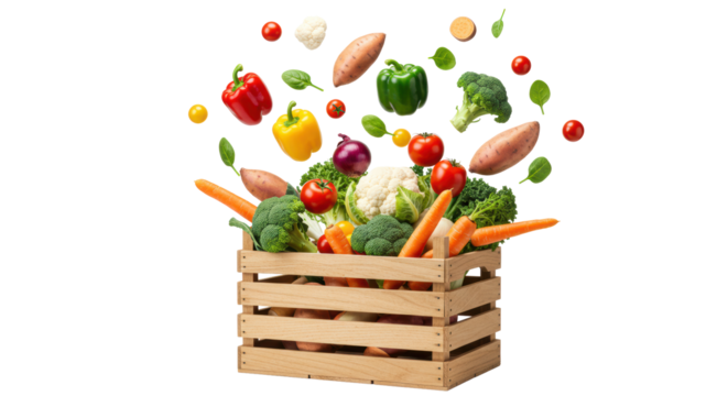 Freshly harvested organic vegetables bursting from a rustic wooden crate, suspended mid-air against a transparent background with studio lighting, concept of natural vitality