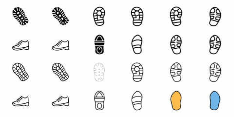 Collection of various shoe prints and shoe icons arranged in a grid pattern on a white background