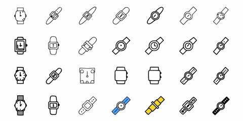 Illustration of various wrist watches and watch bands in a grid pattern on a white background