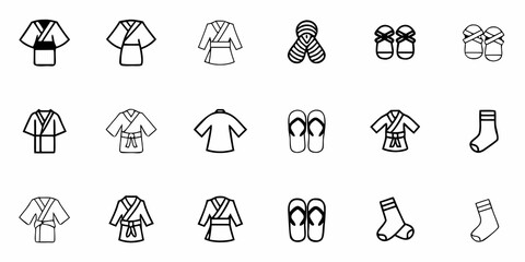 Collection of outline drawings depicting traditional japanese clothing and footwear in simple line art style