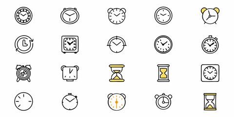 Collection of various clock and hourglass icons depicting time management and measurement devices shown here
