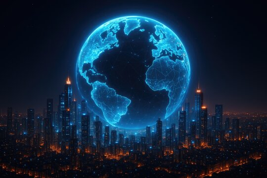 Futuristic global network nexus over neon city lights
