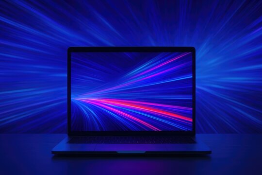 Futuristic laptop glowing with abstract blue and pink light trails and dynamic data streams, technology abstract