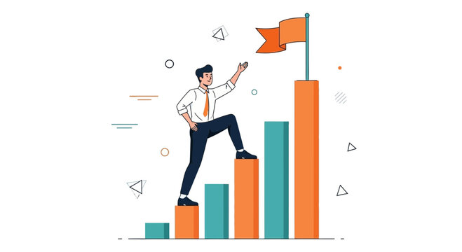 Business Person Climbing Success Stairs Reaching The Flag Symbolizing Achievement