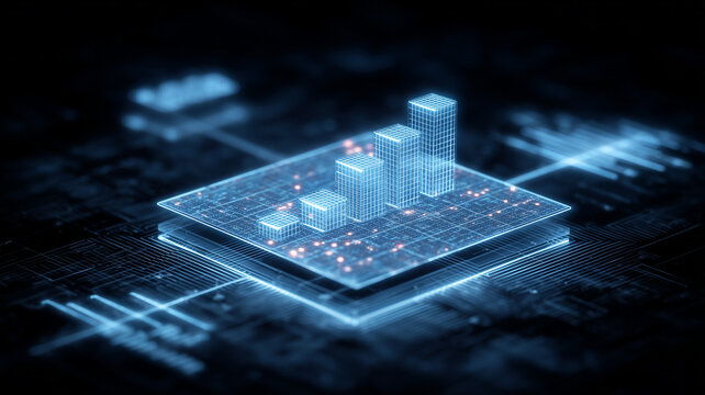 Holographic bar chart emerging from a microchip platform, representing scalable analytics and operational efficiency.
