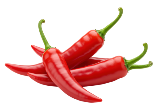 Three fresh, vibrant red chili peppers with glossy skin, crisp green stems, clustered on a transparent background, macro lens. Concept for culinary ingredient