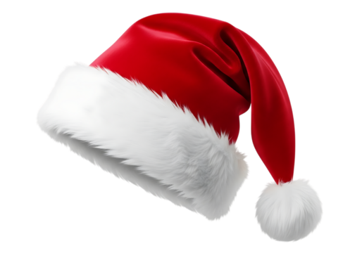 Classic red and white santa claus hat with fluffy trim and pom pom isolated on transparent background